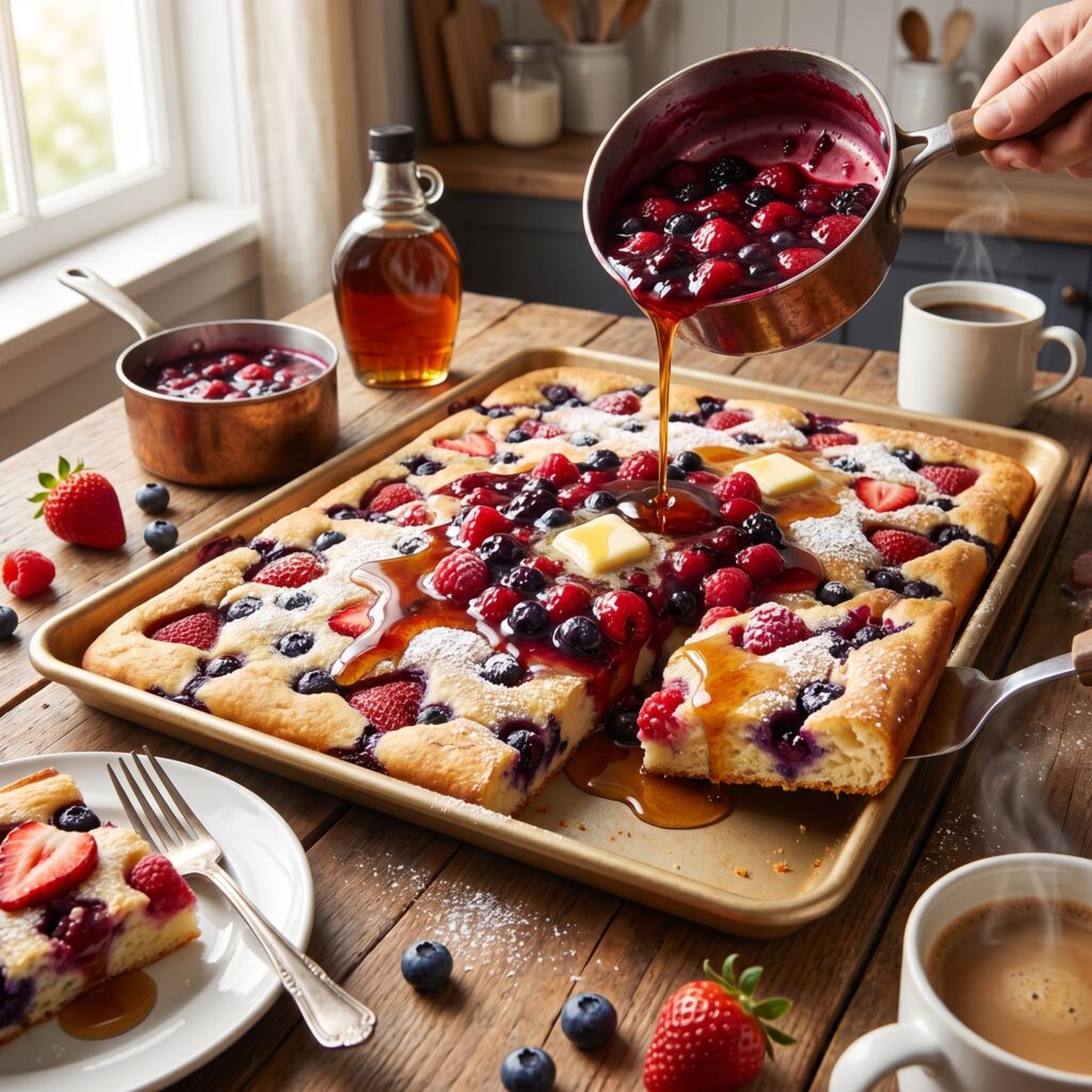Easy Sheet Pan Pancakes with Mixed Berry Compote That Feed a Crowd Every Time