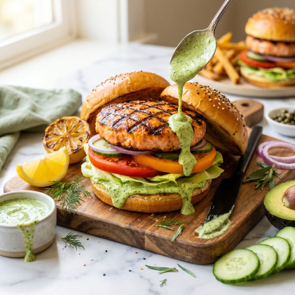 The Best Grilled Salmon Burgers with Green Goddess Sauce That Are Ready in 30 Minutes and Steal the Show Every Time